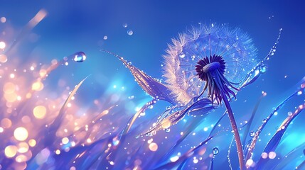 Dandelion flower in droplets of water dew on a blue colored background with a mirror reflection of a ,Generative ai, - obrazy, fototapety, plakaty