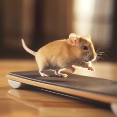 A small brown mouse is standing on a keyboard