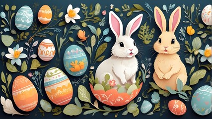 Enjoy your Easter! Handcrafted gouache artworks in vector format featuring bunnies, eggs, chicks, frames, and patterns for use as backgrounds, greeting cards, or posters.
