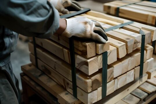 Worker's hands bundling lumber with straps in a carpentry setting, showcasing manual skill. Generative AI