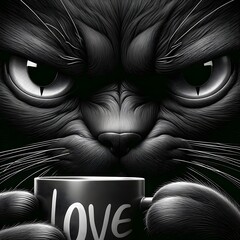 Close-up of a black cat, angry, looking at the viewer while drinking from a cup. The text "LOVE" is written on the mug,  illustration