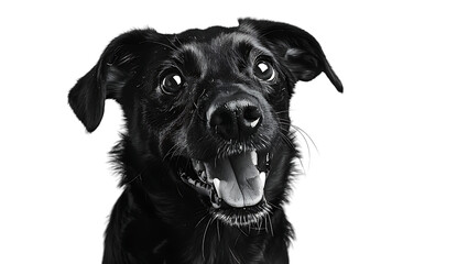 Black and white photo of a happy black dog isolated on a white background