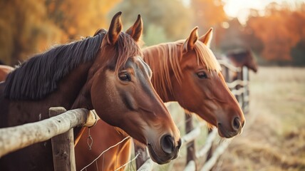 Two horses behind fence at sunset with trees in background