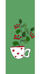 Colourful greeting card with cup with flowers red berries and leaves on a red white background, bright spring card, colorful floral pattern, frame, postcard for invitations, for birthday