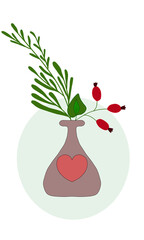 Design greetings card with green branches and red berries flowers on white background, holiday card, colored illustration floral pattern, frame, postcard for invitations, for birthday, congratulations