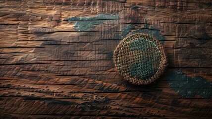 Close-up of woven coaster on distressed wooden surface