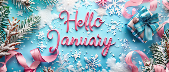 Hello January with snowflakes and festive winter decorations on a cyan background.