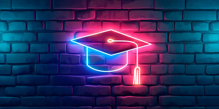 Neon sign with graduation hat emblem,crafted for template designs,standing out against weathered brick wall background,for academic institution branding and graduation-themed marketing materials