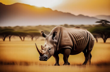 Fototapeta premium an adult rhinoceros on the background of a savannah landscape. holidays in Africa. wild animals