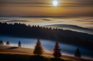 the sun is over the mountains shrouded in fog. trees in a misty haze. a sunny sunset