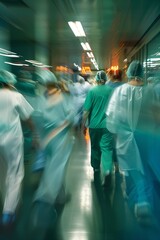 Busy hospital corridor with moving staff