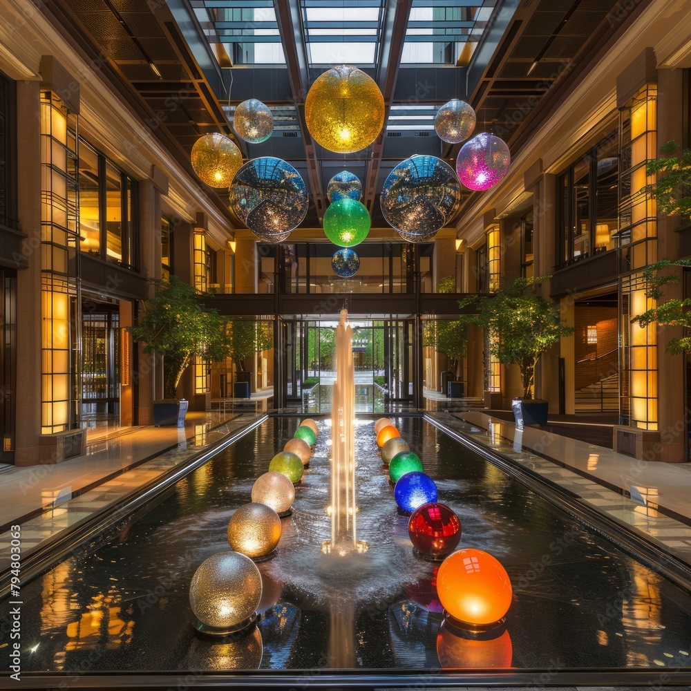 Wall mural A large fountain with many colorful balls in it