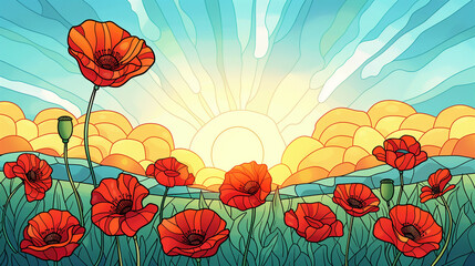 Vibrant stained glass with poppy flower field pattern