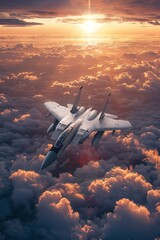A supersonic fighter jet is flying above the clouds. Sunset. The beauty of flight, captured in a fleeting moment.