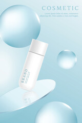 Cosmetic product ads template on blue background with water drop.