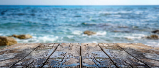 front view of empty raw wooden plank old table with blurred horizon ocean beach and cloudy blue sky background created with Generative AI Technology