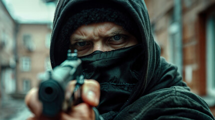 A male robber is holding a gun pointed at the camera. The criminal's face is hidden. Robbery, crime, violence. Masked man