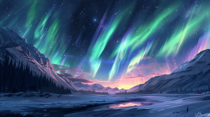 A beautiful blue sky with a bright aurora borealis in the background. The mountains in the distance are covered in snow and the trees are bare