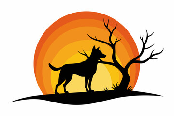 dog Silhouette on Sunset Branch Vector Illustration for Wall Art & Posters white background