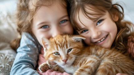 Two girls and their orange cat. AI Generative.