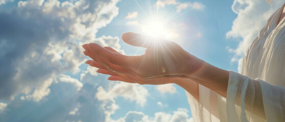 opened both hands fingers of a woman applying reiki healing against the background of a bright sun blue sky and clouds created with Generative AI Technology