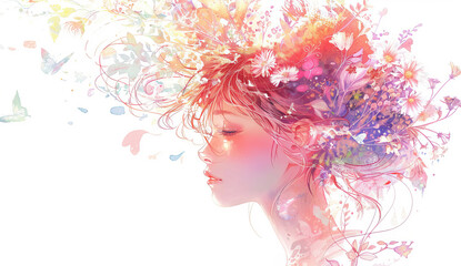 Woman, illustration and art with abstract for anime with flowers in hair with peace or zen with eyes closed. Mockup, design and wallpaper with beauty, artistic and fantasy with creative or rainbow