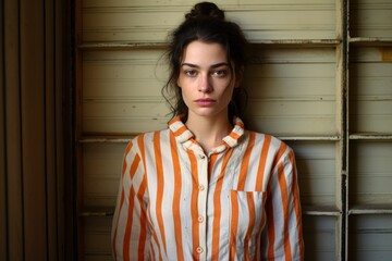 
Intimate photograph of a Caucasian female inmate, aged 22, in a retro striped prison uniform, symbolizing the loss of freedom and the search for redemption