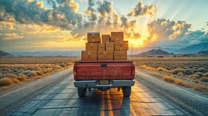 Red Pickup Truck Loaded With Boxes on a Desert Road at Sunset