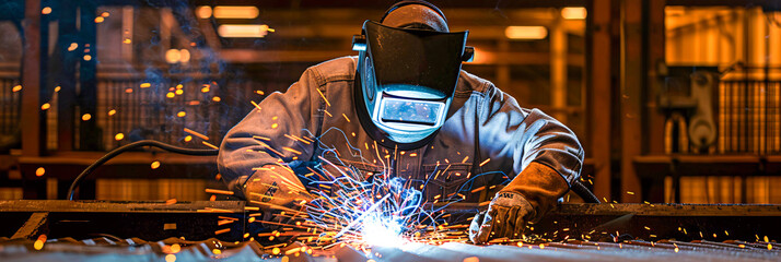 Welder at Work in Factory, Sparks Flying, Industrial Metal Fabrication - obrazy, fototapety, plakaty