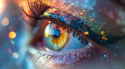 Macro shot of a sparkling eye with colorful reflections and dramatic makeup.	