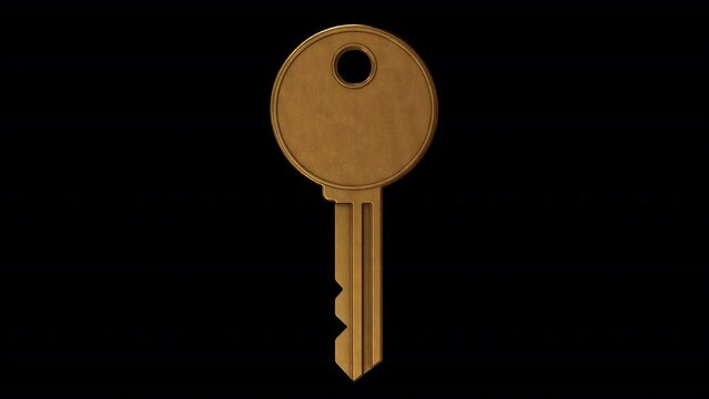 Golden Metal Key. 3d animation of a key rotating 360 degrees. Looped video with alpha channel.