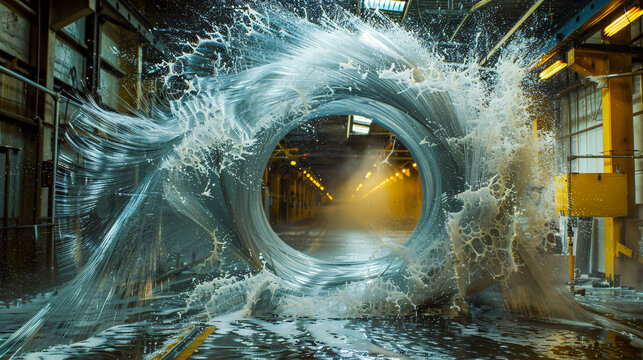 Water Flowing Through Metal Pipe, Industrial Tube, Bright Liquid Stream