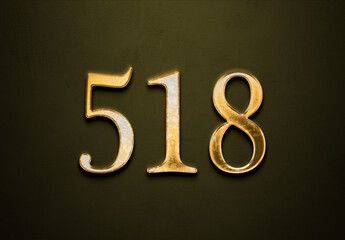 Old gold effect of 518 number with 3D glossy style Mockup.	