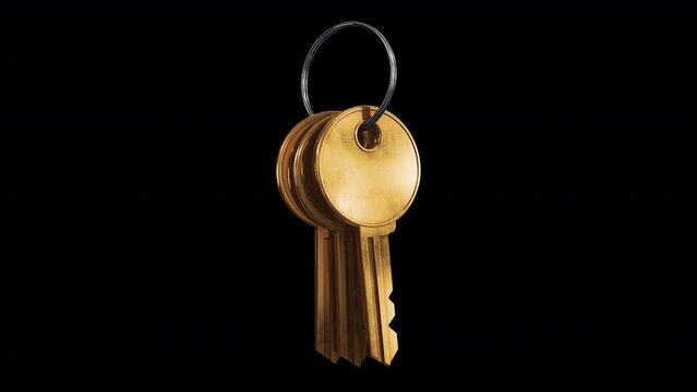 Golden Metal Keys. 3D animation of a bunch of three keys swinging on a ring. Looped video with alpha channel.