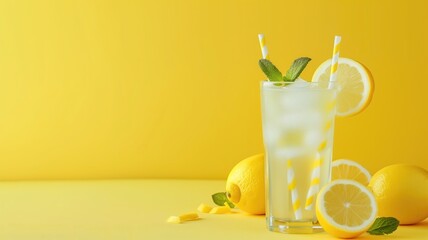 Fototapeta premium Refreshing glass of lemonade with ice, lemon slices, and mint against yellow background