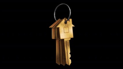 Real Estate Keys. A bunch of three keys in the shape of a house swings on a ring. Looped video with alpha channel. - Powered by Adobe