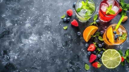 Assorted fresh fruit drinks with berries on dark background