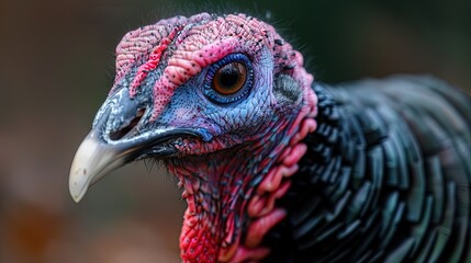 The close-up depicts the head of a female turkey. Gentle features of a female turkey, nature's art.