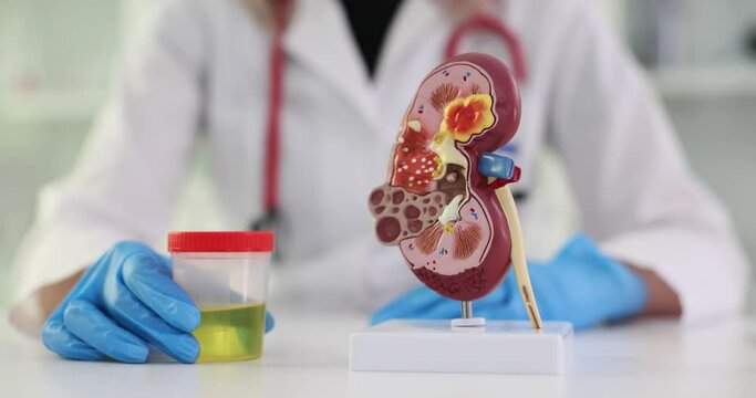 Anatomical model of kidneys and urinalysis. Diagnosis of the condition of kidneys and genitourinary system