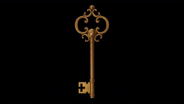 Fairy Golden Key. 3d animation of a magic key rotating 360 degrees. Looped video with alpha channel.