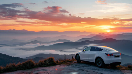 Fototapeta premium An electric car parked on a scenic overlook with mountains in the background at sunrise