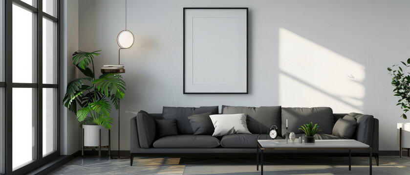Modern style living room interior with furniture black sofa, minimalist table and empty framed pictures hanging on the white wall created with Generative AI Technology