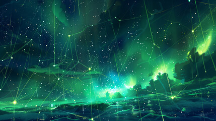A green blockchain network facilitating transparent and secure transactions for renewable energy trading, with glowing digital nodes interconnected by strands of light against a backdrop of starry ski