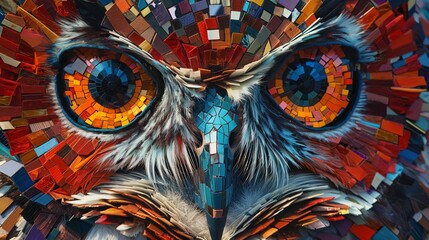 Majestic mosaic, A mesmerizing close-up of an owl's face, featuring strikingly bright colors arranged in an intricate mosaic pattern