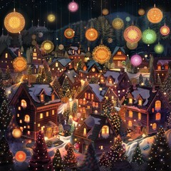 A Christmas scene with houses lit up with lights and fireworks