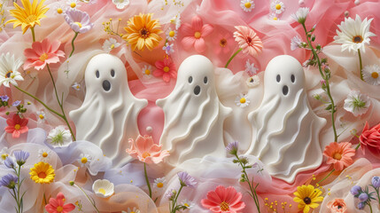 Three white ghosts are standing in a field of flowers. The flowers are pink and yellow, and the ghosts are surrounded by them. The scene has a spooky and whimsical mood