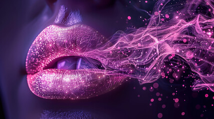 A woman's lips are covered in glitter, and she is blowing smoke out of her mouth. The image has a playful and whimsical mood, as the glitter and smoke create a sense of fun and fantasy