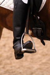 Rider's foot secured in stirrup, detailed view.