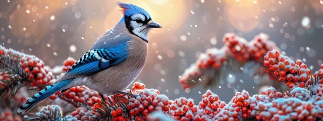 Blue jay in a snowy pine tree, vibrant against the white. Hyperdetailed. Photorealistic. HD. super detailed