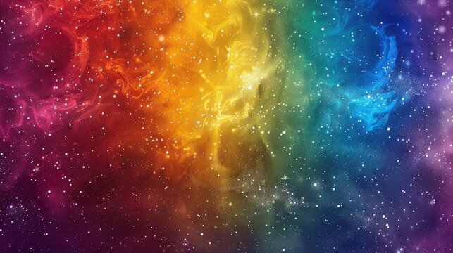 A cosmic-themed background with stars and galaxies in rainbow hues.